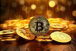 ai generado dorado bitcoin en oro antecedentes con Bokeh. criptomoneda concepto, bitcoins dinero virtual moneda con dorado fondo, ai generado foto