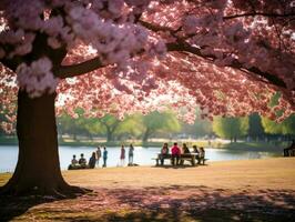 AI generated Serene Cherry Blossom Park with Visitors Picnicking Beneath Flourishing Trees   Space for Text Available photo