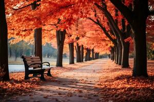 AI generated Autumnal Splendor in a Park with Trees Awash in Rich Reds and Oranges, Leaves Softly Descending photo