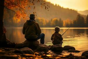 AI generated A Touching Moment as Father Teaches Child to Fish by the Lake Bonding Experience Captured photo