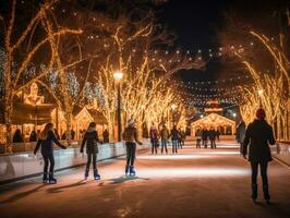 AI generated Charming Nighttime Outdoor Ice Skating Rink Alive with Skaters Reveling in the Wintry Ambience photo