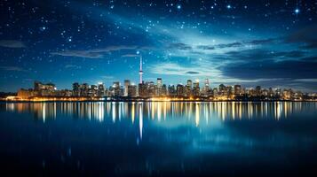 AI generated Cityscape Silhouette during Earth Hour with Stars Twinkling Above to Emphasize Energy Saving photo