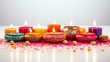 ai generado festivo diwali celebracion elementos, vistoso rangoli, tradicional diyas, y espumoso fuegos artificiales en un blanco antecedentes foto