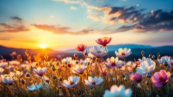 ai generado tranquilo primavera prado a amanecer con floreciente flores silvestres y nuevo principios tema, presentando Copiar espacio foto