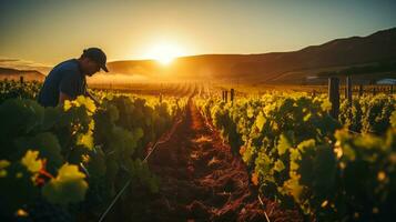 AI generated Dawn Harvest in Vineyard, Workers Gathering Grapes Under Early Morning Light photo