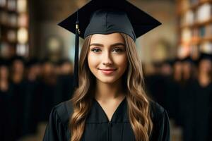 ai generado un sonriente graduado con diploma en atención y borroso académico edificio antecedentes con Copiar espacio foto