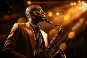 ai generado Clásico sepia jazz momento, un apasionado africano americano saxofonista debajo un solitario destacar foto
