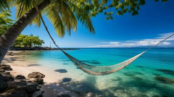 AI generated Idyllic Summer Retreat, Pristine Tropical Beach with Crystal Clear Waters, Palm Trees, and a Relaxing Hammock photo