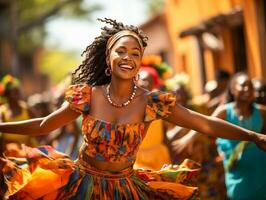 ai generado vibrante cultural celebracion con Participantes en étnico disfraces comprometido en tradicional bailando espacio para texto incluido foto