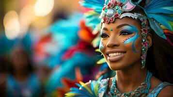 ai generado un festivo carnaval desfile monitor con bailarines en florido disfraces y mascaras, incluso habitación para texto foto