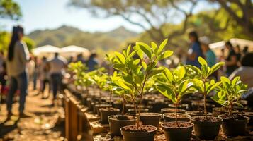 ai generado tierra día celebracion en un público parque con árbol plantando ocupaciones y ambiental educación establos foto