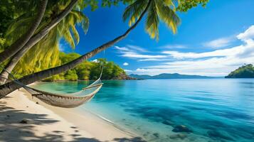 ai generado idílico tropical playa paraíso con cristal claro azul aguas, palma árboles, y un hamaca, el último verano escapar foto