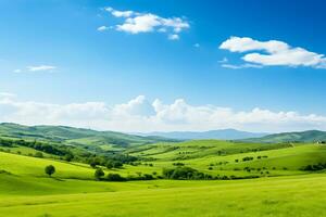 ai generado irlandesa campo panorama, verde colinas y trébol parches con texto Listo claro azul cielo foto