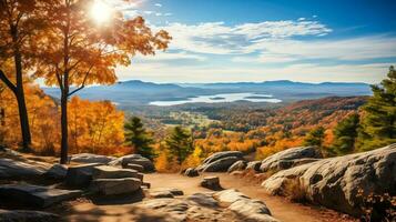 AI generated Stunning Panoramic View of Autumn Foliage from a High Vantage Point with Space for Text photo