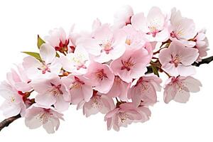 AI generated Macro Shot of Early Spring Blooms Including Cherry and Almond Blossoms, with a Dreamy Blurred Background Suggesting Winters Departure, Isolated on White photo