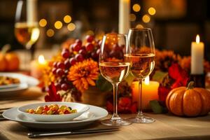 ai generado un esmeradamente adornado acción de gracias cena mesa presentando otoño hojas, calabazas, y velas para un celebración familia comida foto
