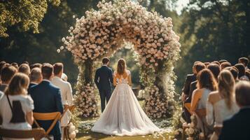 ai generado encantador Boda ceremonia ajuste con floral arco y invitado público durante voto intercambiar espacio para texto incluido foto