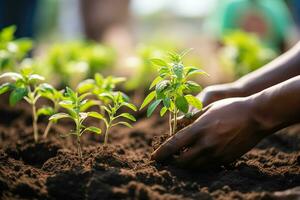 AI generated Community Hands at Work Planting Seedlings in a Garden with Space for Text photo