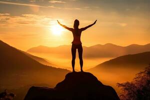 AI generated Tranquil Sunrise Yoga Pose on Hilltop, Embodying Health and Serenity Against a Gradient Sky photo