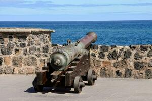 an old cannon on display in front of the ocean photo