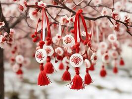 ai generado nieve gotas y colgante conocido como martisor en blanco con Copiar espacio, amistad, amor y el respeto fiesta mártir, baba marta, martisor en de madera antecedentes foto