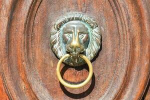 a lion head on a wooden door handle photo