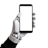 ai generato robot mano con smartphone isolato su trasparente sfondo bianca smartphone schermo. generativo ai. png