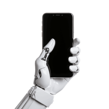 ai generiert Roboter Hand mit Smartphone isoliert auf transparent Hintergrund Weiß Smartphone Bildschirm. generativ ai. png