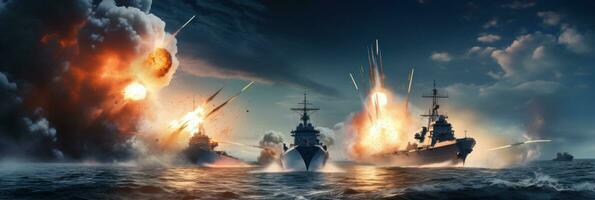 ai generado ilustración de dos nuclear motorizado naval vasos disparo conchas foto
