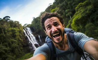 AI generated happy male tourist taking selfie standing at the waterfall in nature photo