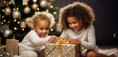 AI generated kids in front of a christmas tree playing with christmas boxes photo