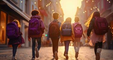 ai generado cinco niños con colegio mochilas caminando abajo un calle con muchos pantalones foto