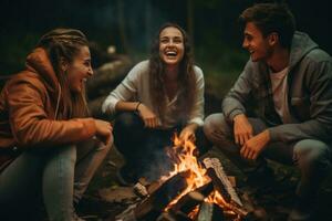 AI generated four young people in jeans and tshirt sitting around a campfire while laughing photo