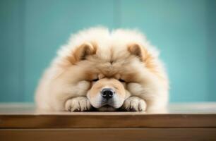 AI generated chow chow dog, head resting on the table photo