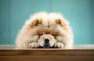 ai generado perro chino perro chino perro, cabeza descansando en el mesa foto