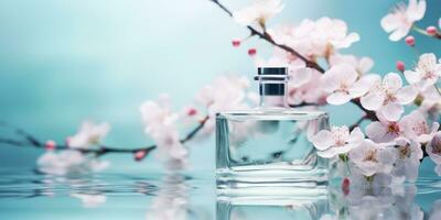 AI generated delicate sakura blossoms on the bottle of perfume photo