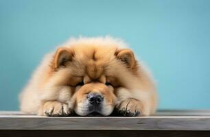 ai generado perro chino perro chino perro, cabeza descansando en el mesa foto