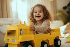 ai generado linda contento niña jugando con juguetes en juguete camión foto