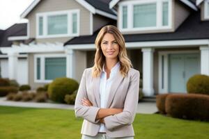 AI generated female real estate agent in front of house for realtor real estate agent photo
