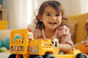 ai generado linda contento niña jugando con juguetes en juguete camión foto