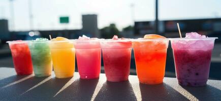 AI generated colorful frozen drinks in small cups lined in the road photo