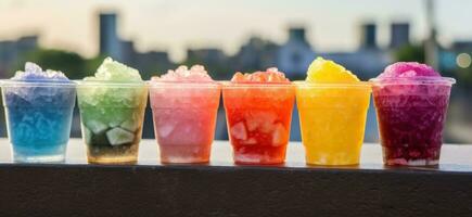 AI generated colorful frozen drinks in small cups lined in the road photo