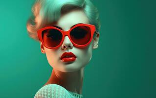 AI generated elegant female young woman in sunglasses on green background photo