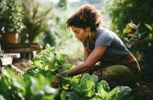 AI generated a woman in overalls working in their garden photo