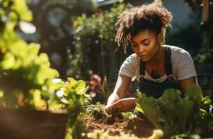 AI generated a woman in overalls working in their garden photo