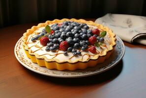 ai generado un tarta decorado con bayas sentado en un plato foto