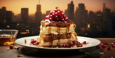 AI generated a piece of desert with pomegranate, almond sprinkled on top photo