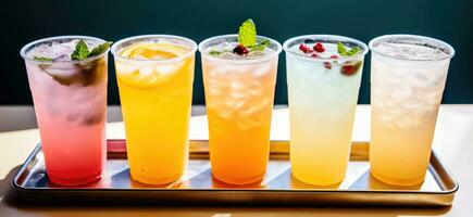 AI generated a selection of colorful drinks sit on a tray photo