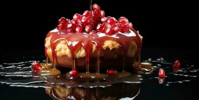 AI generated a pastry with pomegranate on top of it with a drip of golden liquid photo