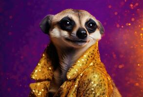 AI generated a meerkat in a yellow and purple outfit photo
